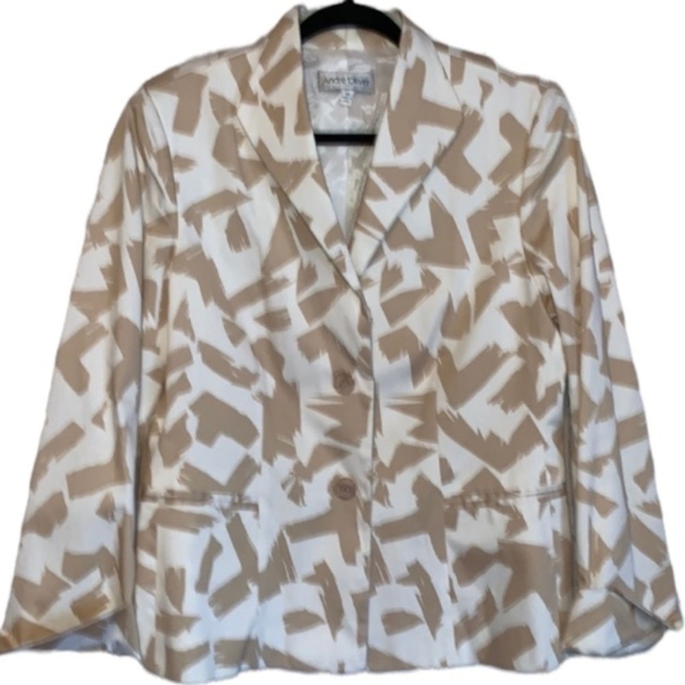 Andre Oliver Blazer Notched Collar Single Button Tan and Cream Print Ladies 14 - Picture 10 of 10